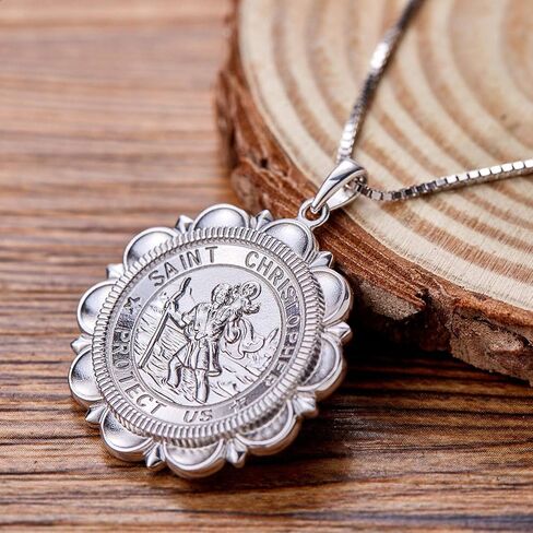 قلادة YL St Christopher صلبة 925 من الفضة الاسترليني، ميدالية مستديرة منقوشة بشكل شخصي، قلادة تعويذة دينية عتيقة، ميدالية/مربوط/مدلاة in Kuwait