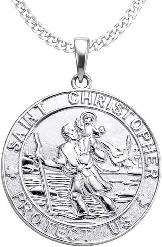 قلادة YL St Christopher صلبة 925 من الفضة الاسترليني، ميدالية مستديرة منقوشة بشكل شخصي، قلادة تعويذة دينية عتيقة، ميدالية/مربوط/مدلاة in Kuwait