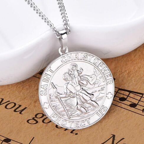 قلادة YL St Christopher صلبة 925 من الفضة الاسترليني، ميدالية مستديرة منقوشة بشكل شخصي، قلادة تعويذة دينية عتيقة، ميدالية/مربوط/مدلاة in Kuwait