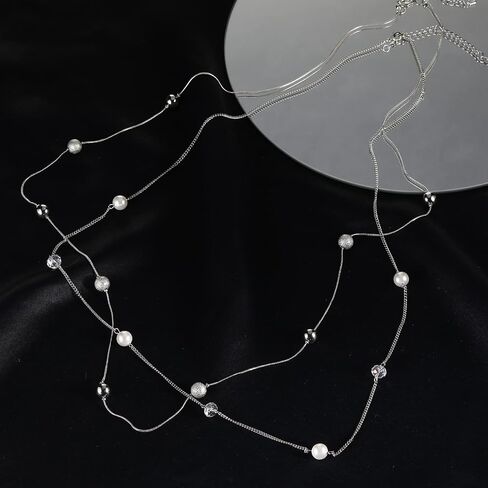 Silver Layered Long Necklace for Women Pearl Crystal Sweater Strand Chain Necklaces Fashion Gifts in Saudi Arabia