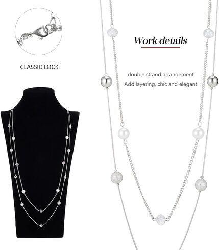 Silver Layered Long Necklace for Women Pearl Crystal Sweater Strand Chain Necklaces Fashion Gifts in Saudi Arabia