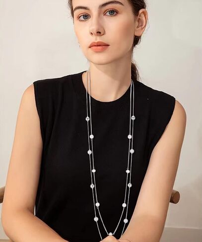 Silver Layered Long Necklace for Women Pearl Crystal Sweater Strand Chain Necklaces Fashion Gifts in Saudi Arabia
