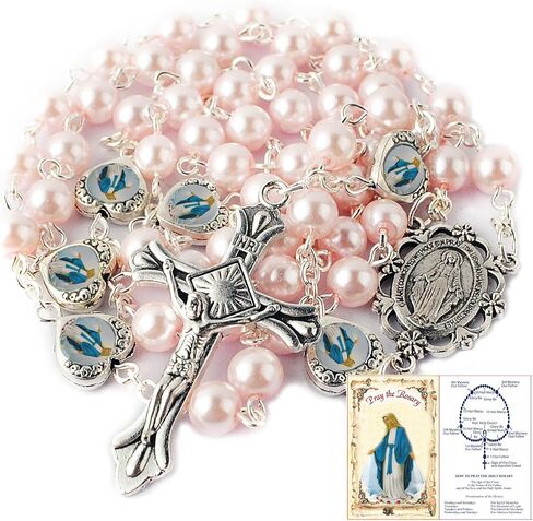 HanlinCC Glass Pearl Beads with Miraculous Epoxy Heart Metal Beads Rosary Necklace Pack in Velvet Gift Bag with Rosary Pray Card in Saudi Arabia