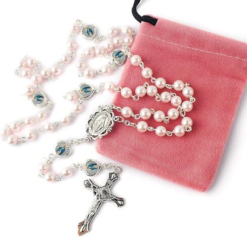 HanlinCC Glass Pearl Beads with Miraculous Epoxy Heart Metal Beads Rosary Necklace Pack in Velvet Gift Bag with Rosary Pray Card in Saudi Arabia
