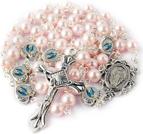 HanlinCC Glass Pearl Beads with Miraculous Epoxy Heart Metal Beads Rosary Necklace Pack in Velvet Gift Bag with Rosary Pray Card in Saudi Arabia