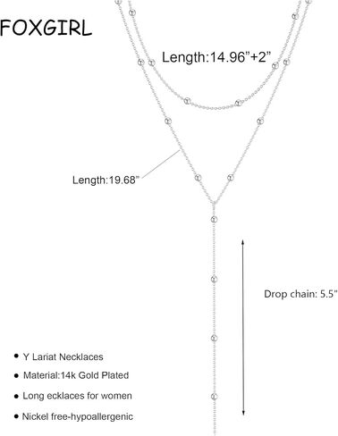 Foxgirl Lariat Gold Necklace for Women, Dainty Long Necklace 14k Gold Plated/Silver Y-Shaped Pendant Necklace Trendy Layered Cz Beaded Chain Drop Necklaces Simple Gold Jewelry For Women Girls Gift in Saudi Arabia