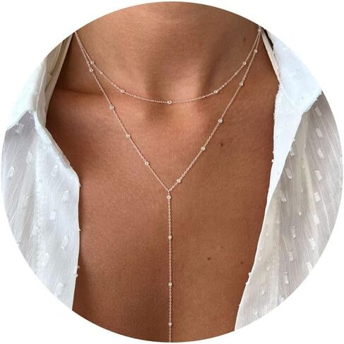 Foxgirl Lariat Gold Necklace for Women, Dainty Long Necklace 14k Gold Plated/Silver Y-Shaped Pendant Necklace Trendy Layered Cz Beaded Chain Drop Necklaces Simple Gold Jewelry For Women Girls Gift in Saudi Arabia