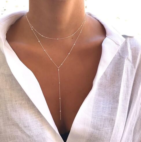 Foxgirl Lariat Gold Necklace for Women, Dainty Long Necklace 14k Gold Plated/Silver Y-Shaped Pendant Necklace Trendy Layered Cz Beaded Chain Drop Necklaces Simple Gold Jewelry For Women Girls Gift in Saudi Arabia