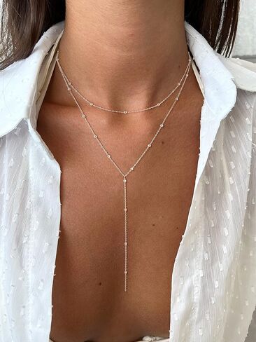Foxgirl Lariat Gold Necklace for Women, Dainty Long Necklace 14k Gold Plated/Silver Y-Shaped Pendant Necklace Trendy Layered Cz Beaded Chain Drop Necklaces Simple Gold Jewelry For Women Girls Gift in Saudi Arabia