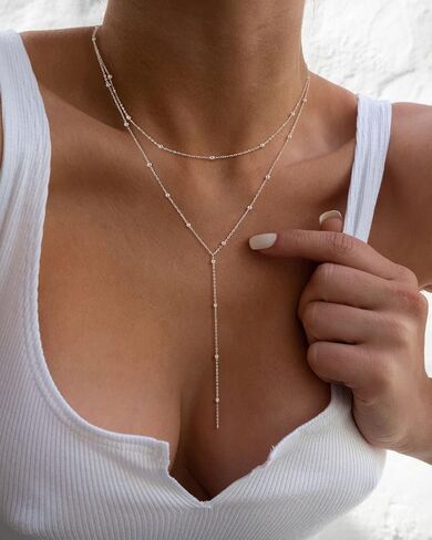 Foxgirl Lariat Gold Necklace for Women, Dainty Long Necklace 14k Gold Plated/Silver Y-Shaped Pendant Necklace Trendy Layered Cz Beaded Chain Drop Necklaces Simple Gold Jewelry For Women Girls Gift in Saudi Arabia