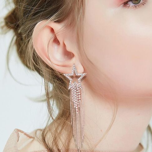 Women’s Tassel Earrings Star Ear Stud Pave Crystal Dangle Earrings Boho Waterfall Beaded Fringe Drop Earring in Kuwait