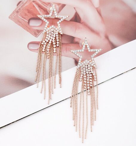 Women’s Tassel Earrings Star Ear Stud Pave Crystal Dangle Earrings Boho Waterfall Beaded Fringe Drop Earring in Kuwait
