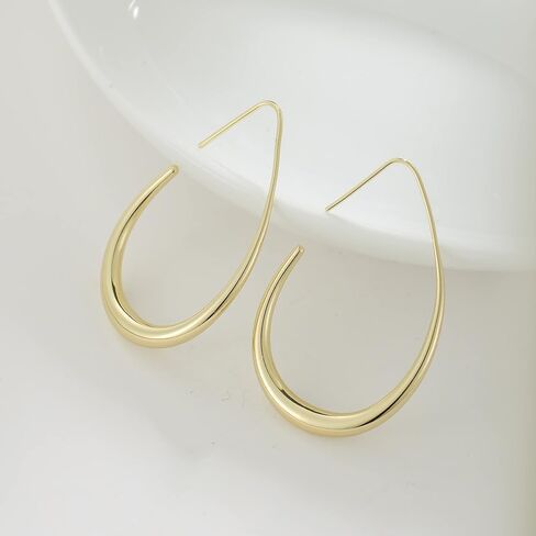 Lightweight Teardrop Hoop Earrings for Women - 14k Gold/White Gold Plated Large Oval Pull Through Hoop Earrings High Polished Statement Jewelry Gift for Women Teen Girls in Saudi Arabia