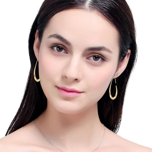 Lightweight Teardrop Hoop Earrings for Women - 14k Gold/White Gold Plated Large Oval Pull Through Hoop Earrings High Polished Statement Jewelry Gift for Women Teen Girls in Saudi Arabia