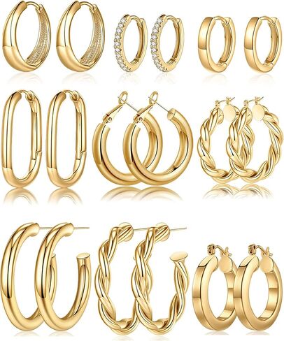 Yesteel 9 Pairs Gold Hoop Earrings for Women, 925 Sterling Silver Post 14K Real Gold Plated Chunky Hoop Earrings Set for Women Hypoallergenic Thick Lightweight Hoop Earrings for Women Gold Jewelry Gifts in Saudi Arabia