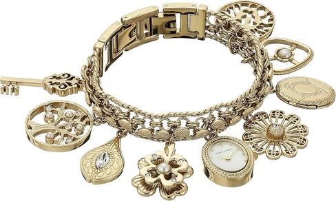 Anne Klein Women's 10-8096CHRM Premium Crystal Accented Gold-Tone Charm Bracelet Watch in Kuwait