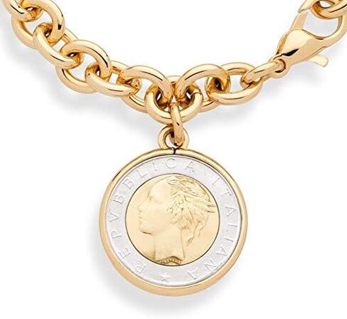 Miabella 18K Gold over Bronze Italian Genuine 500-Lira Coin Charm Rolo Link Chain Bracelet for Women Made in Italy in Saudi Arabia
