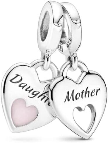 PANDORA Jewelry Double Heart Split Dangle Charm - Necklace or Bracelet Charm for Women - Mother and Daughter Engraving - Sterling Silver with Pink Enamel in Saudi Arabia