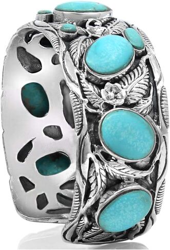 VY JEWELRY LEAVES CUFF - Handmade 925 Sterling Silver Wide Bracelet with Genuine Blue Opal or Turquoise Stones in Kuwait