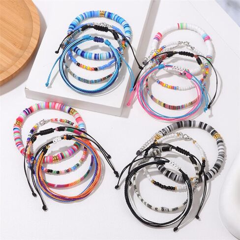 اساور بوهو للنساء من جولبال جيو، اساور للصداقة والشاطئ، اساور خرز قابلة للتكديس، سلسلة قابلة للتعديل، اساور بوهيمية منسوجة مجدولة من 4 قطع in Kuwait