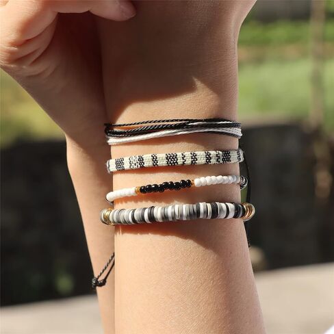 اساور بوهو للنساء من جولبال جيو، اساور للصداقة والشاطئ، اساور خرز قابلة للتكديس، سلسلة قابلة للتعديل، اساور بوهيمية منسوجة مجدولة من 4 قطع in Kuwait