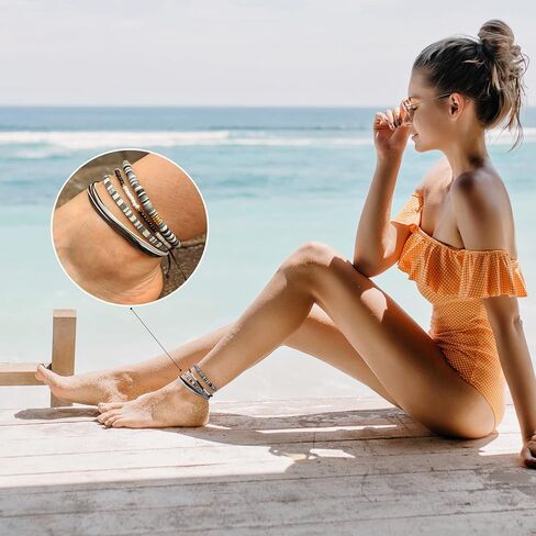 اساور بوهو للنساء من جولبال جيو، اساور للصداقة والشاطئ، اساور خرز قابلة للتكديس، سلسلة قابلة للتعديل، اساور بوهيمية منسوجة مجدولة من 4 قطع in Kuwait