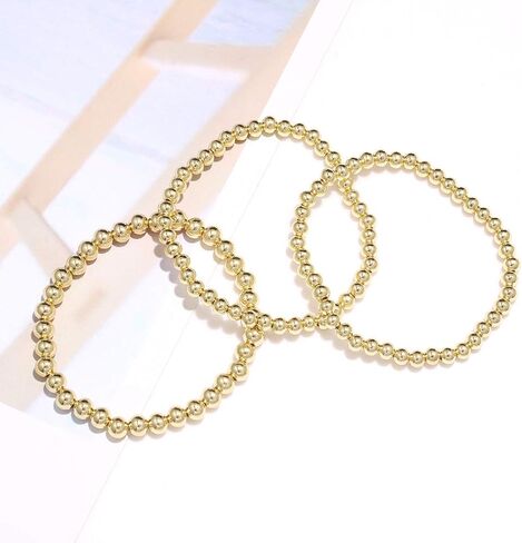 ARATLENCH Gold Beaded Bracelet for Women 14 K Gold Plated Ball Beads Bracelet Stack Stretch String Friendship Bracelet Mens Classic Bold Gold Color Brass Beads Bracelet Set for Girls in Saudi Arabia