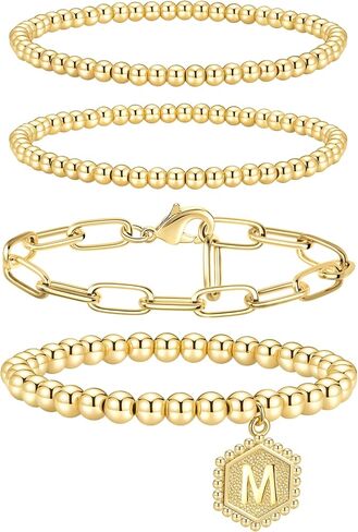 doubgood Gold Beaded Bracelets for Women, Stackable Gold Bracelets for Women Men 14K Real Gold Plated Stretch Bead Ball Bracelet with Letter Pendant in Saudi Arabia