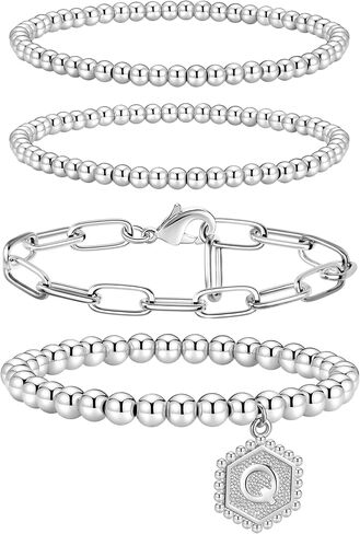 doubgood Gold Beaded Bracelets for Women, Stackable Gold Bracelets for Women Men 14K Real Gold Plated Stretch Bead Ball Bracelet with Letter Pendant in Saudi Arabia