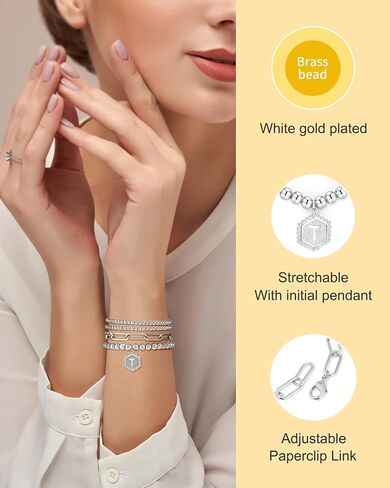 doubgood Gold Beaded Bracelets for Women, Stackable Gold Bracelets for Women Men 14K Real Gold Plated Stretch Bead Ball Bracelet with Letter Pendant in Saudi Arabia