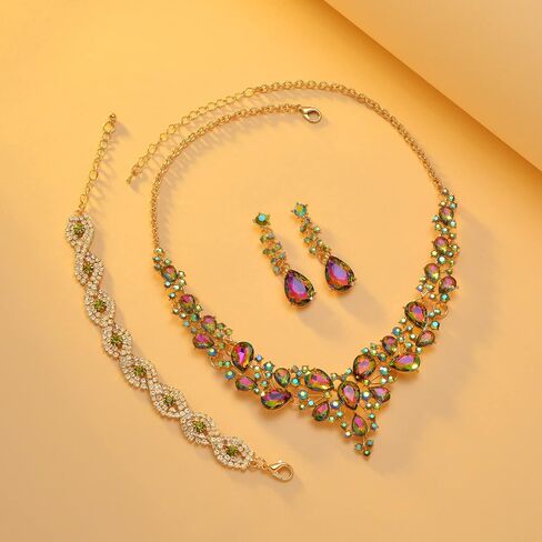 3/4 Pieces Women Jewelry Set Rhinestone Crystal Bride Statement Choker Necklace Tiara Crown Link Bangle Bracelet Teardrop Dangle Earrings Set for Wedding Party in Kuwait