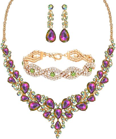 3/4 Pieces Women Jewelry Set Rhinestone Crystal Bride Statement Choker Necklace Tiara Crown Link Bangle Bracelet Teardrop Dangle Earrings Set for Wedding Party in Kuwait