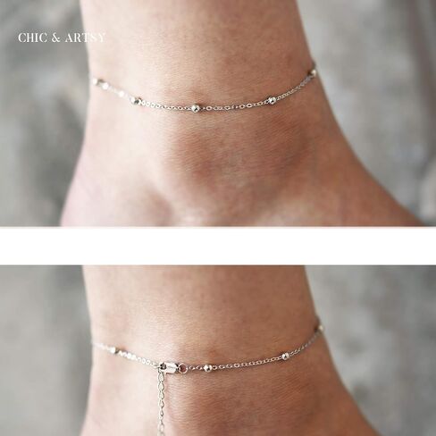 CHIC & ARTSY 925 سوار الكاحل من الفضة الاسترليني خلخال متعدد الطبقات للنساء الأقمار الصناعية، نجمة، صليب، دائرة، فراشة، دمعة، قرص بيضاوي الطبقات خلخال الشاطئ مجوهرات in Kuwait