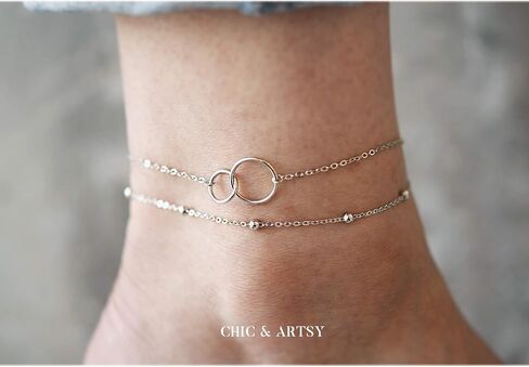 CHIC & ARTSY 925 سوار الكاحل من الفضة الاسترليني خلخال متعدد الطبقات للنساء الأقمار الصناعية، نجمة، صليب، دائرة، فراشة، دمعة، قرص بيضاوي الطبقات خلخال الشاطئ مجوهرات in Kuwait
