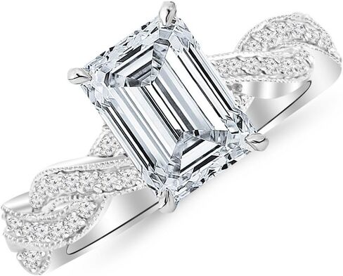 خاتم خطوبة من الذهب الأبيض عيار 14 قيراط 2.5 قيراط من IGI CERTIFIED DIAMOND Vintage Eternity Love Twisting Split Shank من الألماس بقطع الزمرد مع Milgrain (H-I Color VS1-VS2 Clarity 2 Ct Center) in Kuwait