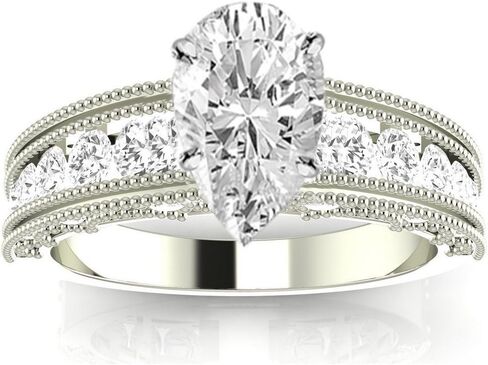 14K White Gold 3 Carat LAB GROWN IGI CERTIFIED DIAMOND Antique/Vintage Style Channel Set Round Pear Cut Diamond Engagement Ring with Milgrain (H-I Color VS1-VS2 Clarity 2.5 Ct Center) in Kuwait
