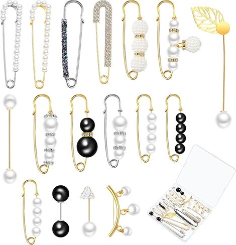 17 Pieces Pearl Brooch Pins Sweater Shawl Clips Faux Pearl Rhinestones Collar Safety Pin for Women Girls Clothing Dresses Decoration Accessories in Kuwait