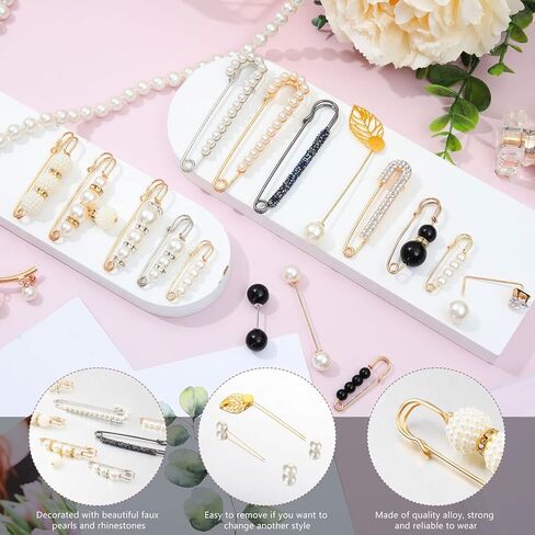 17 Pieces Pearl Brooch Pins Sweater Shawl Clips Faux Pearl Rhinestones Collar Safety Pin for Women Girls Clothing Dresses Decoration Accessories in Kuwait