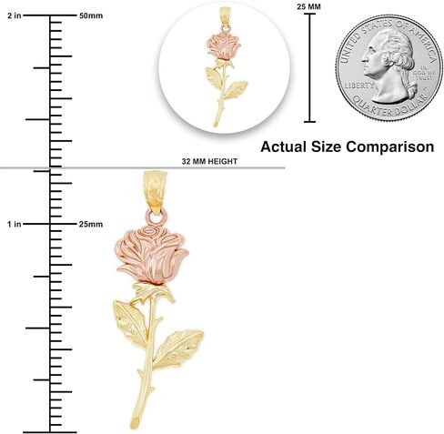 Charm America - Gold Long Stem Rose Charm - Rose Pendant Charm - Mother's Day Gift, Birthday Gift - Rose Flower Dangle Charm -10 Karat Solid Yellow and Rose Gold in Kuwait