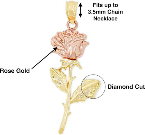 Charm America - Gold Long Stem Rose Charm - Rose Pendant Charm - Mother's Day Gift, Birthday Gift - Rose Flower Dangle Charm -10 Karat Solid Yellow and Rose Gold in Kuwait