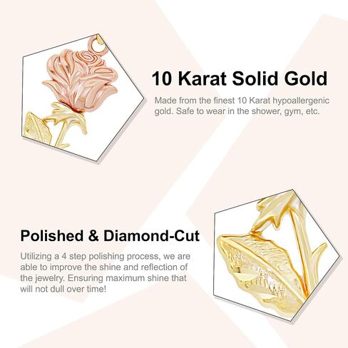 Charm America - Gold Long Stem Rose Charm - Rose Pendant Charm - Mother's Day Gift, Birthday Gift - Rose Flower Dangle Charm -10 Karat Solid Yellow and Rose Gold in Kuwait