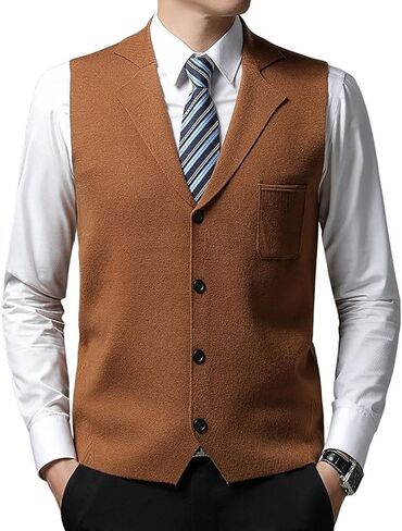 utcoco Men's Cashmere Wool Blended Sweater Vest Notched Lapel Sleeveless Button Knit Cardigan Vest with Pocket in Saudi Arabia