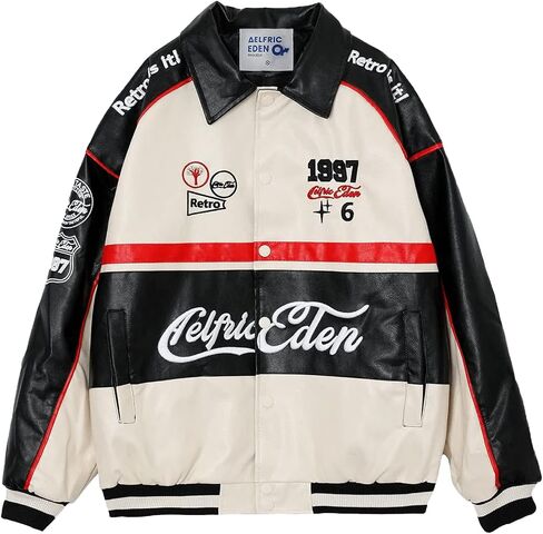 Aelfric Eden Mens Faux Leather Varsity Jacket Vintage Racing Motorcycle Graphic Bomber Jackets Oversized Streetwear Jacket in Saudi Arabia