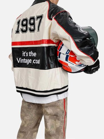 Aelfric Eden Mens Faux Leather Varsity Jacket Vintage Racing Motorcycle Graphic Bomber Jackets Oversized Streetwear Jacket in Saudi Arabia