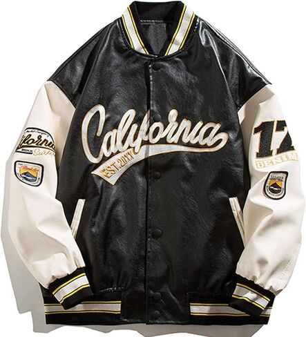 Aelfric Eden Mens Faux Leather Varsity Jacket Vintage Racing Motorcycle Graphic Bomber Jackets Oversized Streetwear Jacket in Saudi Arabia