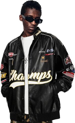Aelfric Eden Mens Faux Leather Varsity Jacket Vintage Racing Motorcycle Graphic Bomber Jackets Oversized Streetwear Jacket in Saudi Arabia