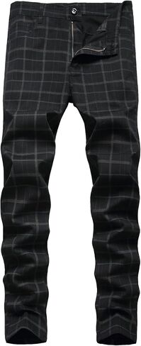 JE&NS Men's Stretch Slim Fit Flat-Front Casual Skinny Chinos Plaid Dress Pants in Kuwait