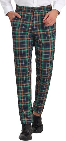 Lars Amadeus Men's Business Plaid Lightweight Regular Fit Flat Front Checked Pants in Kuwait
