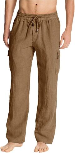 PASLTER Mens Linen Cargo Pants Lightweight Elastic Waist Drawstring Casual Loose Summer Beach Yoga Pants with Pockets in Saudi Arabia