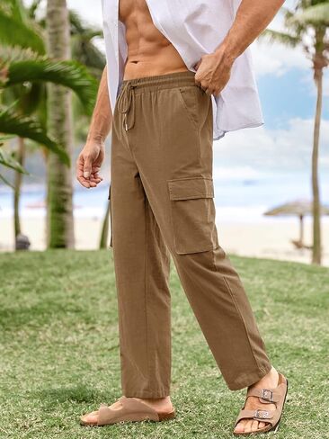 PASLTER Mens Linen Cargo Pants Lightweight Elastic Waist Drawstring Casual Loose Summer Beach Yoga Pants with Pockets in Saudi Arabia